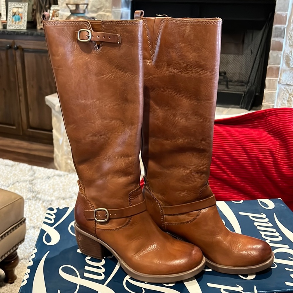Lucky Brand leather dark camel boots.
